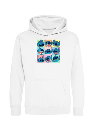Sweat à capuche blanc avec neuf carrés colorés présentant différents visages de personnages de dessins animés bleus et ludiques avec diverses expressions à l'avant.