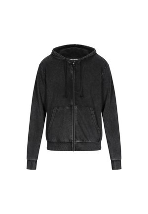 Czarna bluza z kapturem na zamek, wykonana z miękkiego materiału, wyposażona w regulowany kaptur, dwa przednie kieszenie i ściągacze przy mankietach. Gładka powierzchnia z delikatną teksturą.