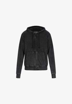 Zwarte zip-up hoodie van zachte stof, met een capuchon met trekkoord, twee voorzakken en geribbelde manchetten. Glad oppervlak met een lichte textuur.
