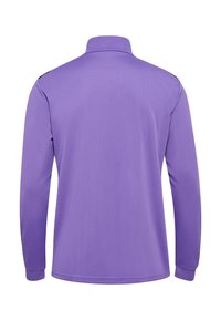 Langarm-Poloshirt, einfarbig lila, aus atmungsaktivem Stoff, mit Stehkragen und elastischen Bündchen. Rückansicht dargestellt.
