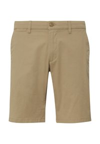 Beige puuvillashortsit, joissa on tasainen etuosa, vyölenkit, yksi nappisulku ja ommeltu helma. Sileä rakenne, polvenpituinen leikkaus.