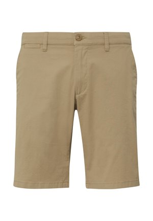 Beežist puuvillased lühikesed pükse, millel on tasane ees, vöölingid, ühe nupu sulgemine ja õmmeldud äär. Sile tekstuur, põlve pikkune lõige.