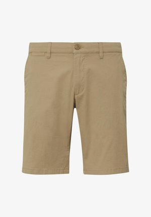 Shorts in cotone beige con frontale piatto, passanti per cintura, chiusura con un singolo bottone e orlo cucito. Texture liscia, taglio a lunghezza ginocchio.