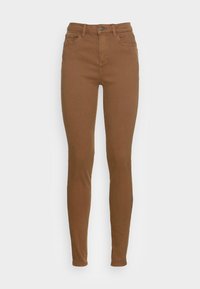 Vaaleat korkeavyötäröiset skinny-farkut, jotka on valmistettu denimgstä; sisältää viisi taskua, vyölenkit ja vetoketjun nappisulku. Pinta on sileä.