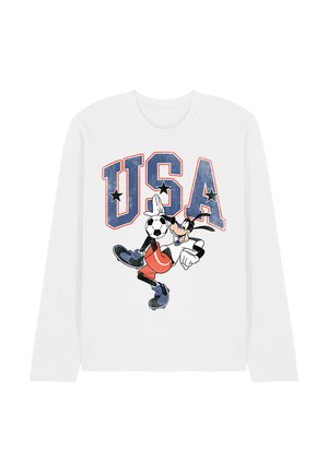 Weißes Langarmhemd mit großem "USA"-Schriftzug und einem Cartoon-Charakter, der Fußball spielt und den Ball mit einem Fuß jongliert.