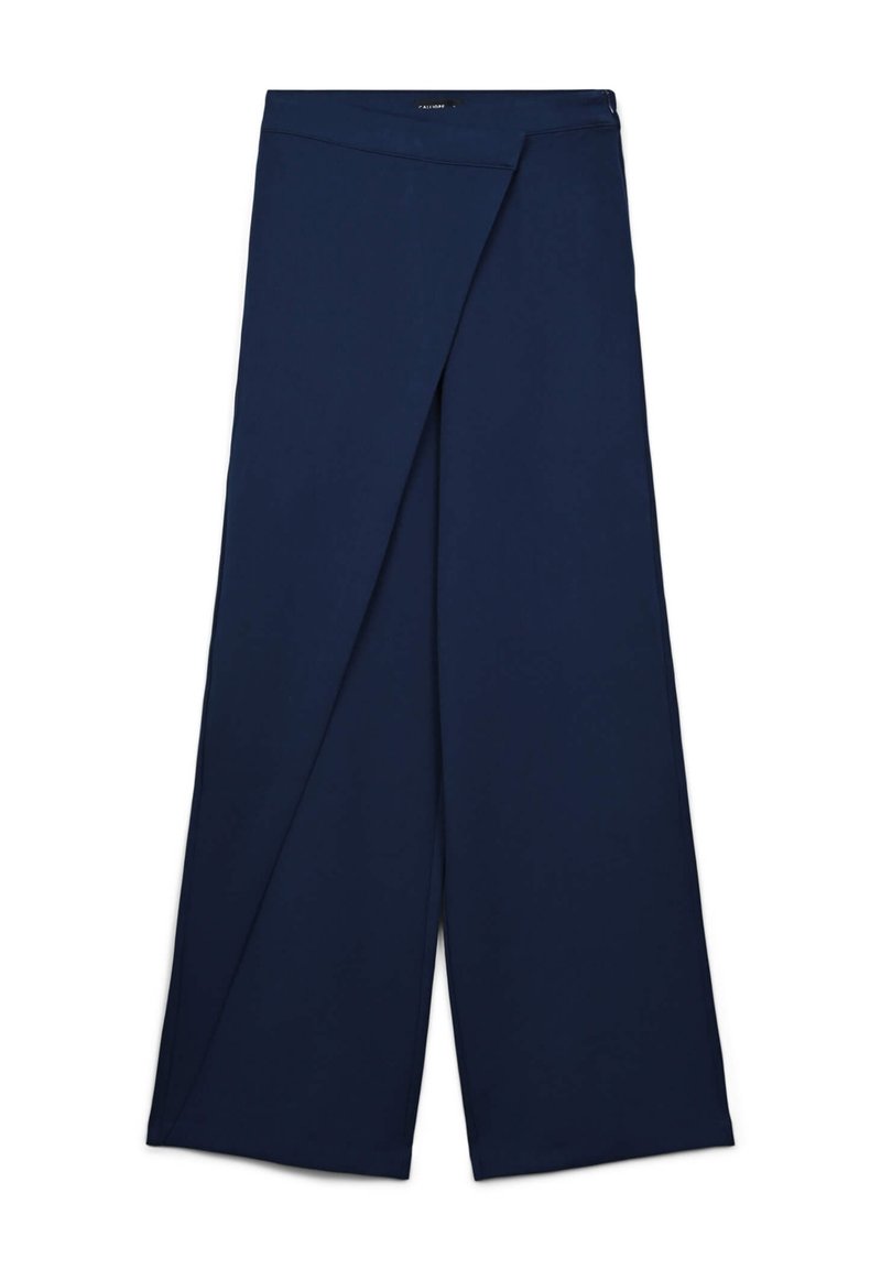 Marinefarbene weit geschnittene Hose mit Wickeldesign, aus glattem Stoff gefertigt. Verfügt über einen verdeckten Bund und einen sauberen Saumabschluss. Keine sichtbaren Muster.