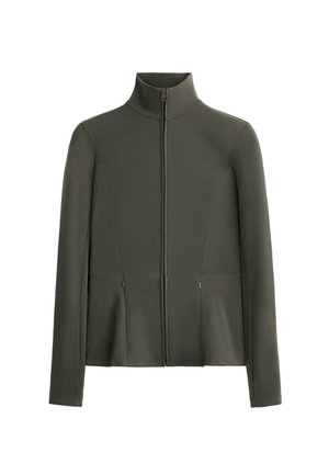 Giacca zip-up verde oliva con colletto alto, maniche lunghe, design aderente e due tasche frontali con cerniere. Tessuto dalla superficie liscia.