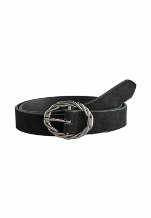 Ceinture en daim noir avec une boucle en métal ronde et tournante. Le design comprend une surface lisse et une extrémité effilée pour l'ajustement.