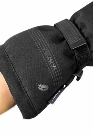 Schwarzer isolierter Handschuh aus strukturiertem Stoff, mit einem Klettverschlussriemen, LOGO-Detail und einem kleinen Etikett am Handgelenk.