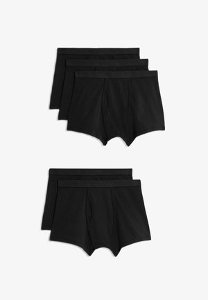 Sort bomulds-boxershorts, fire stykker stablet, med elastiske taljer og en klassisk pasform med en glat struktur og ingen synlige mønstre.