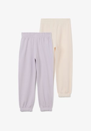 Dos pares de pantalones deportivos: uno en lavanda claro y otro en crema, con cinturillas elásticas y puños elásticos. Material de algodón suave.
