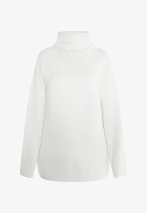 White turtleneck sweater with ribbed texture, relaxed fit, and overlapping seam detail at the front. Long sleeves and no visible hardware.