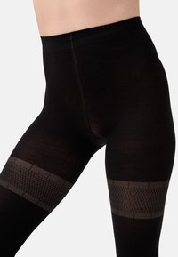 Primo piano di gambe che indossano collant neri a vita alta con bande decorate attorno alle cosce su uno sfondo chiaro e semplice.