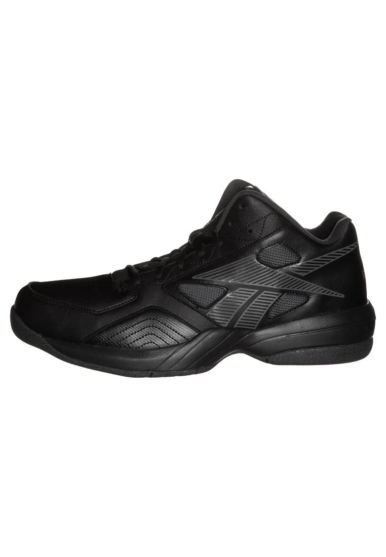 Czarne buty sportowe z syntetycznej skóry, z teksturowanymi akcentami i gumową podeszwą. Posiadają sznurowanie oraz lekką konstrukcję.