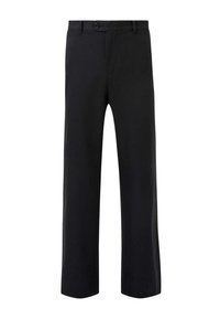 Zwarte broek met een recht gesneden ontwerp, voorzien van een sluiting met een voorste knoop, gladde textuur en zonder zichtbare patronen of accenten.