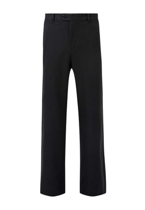 Pantaloni neri con design a gamba dritta, dotati di chiusura frontale con bottone, texture liscia e senza motivi o accenti visibili.