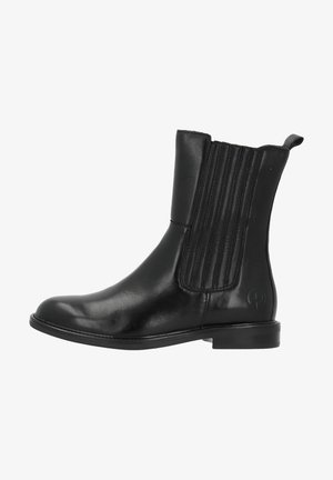 Black leather ankle boot with elastic side panels, smooth texture, round toe, low block heel, and logo detailing on the side.