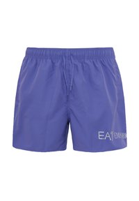 Costumi da bagno viola con cintura elastica e cordino. Presentano la scritta bianca "EAT EMPO" sul lato inferiore destro. Texture liscia.