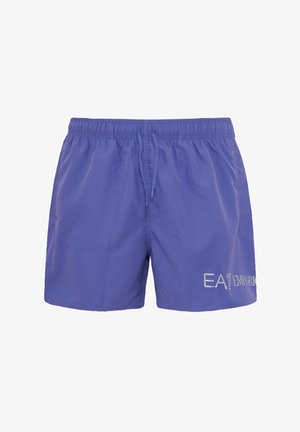 Costumi da bagno viola con cintura elastica e cordino. Presentano la scritta bianca "EAT EMPO" sul lato inferiore destro. Texture liscia.