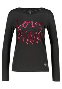 T-shirt a maniche lunghe nera, con testo in paillettes rosse "LOVE PINK" e un piccolo cuore accentuato vicino all'orlo. Tessuto morbido con una vestibilità rilassata.