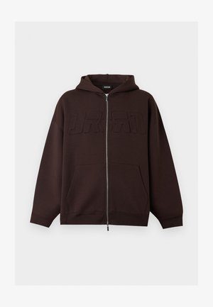 Dark brown zip-up hoodie with front pockets, a hood, and embossed "URBAN" lettering across the chest on a plain background.