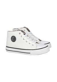 Zapatillas altas blancas con acentos en negro, logo redondo, suela de goma y diseño de cordones. Material de lona suave con puntera reforzada.