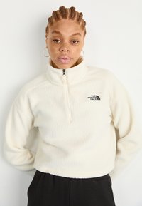 Pullover in pile crema con mezza zip, col alto e logo nero sul lato sinistro del petto. Presenta una superficie testurizzata e una vestibilità cropped.