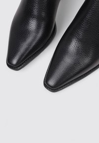 Botas de cuero negras hasta el tobillo con un diseño de punta afilada y acabado texturizado. Presentan costuras elegantes a lo largo de los bordes para un detalle adicional.