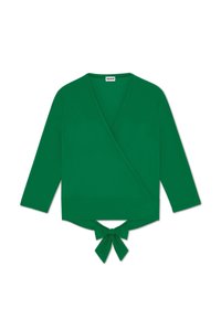 Top avvolgente verde con maniche lunghe, dettaglio annodato in vita e texture liscia. Presenta un scollo a V e una leggera lucentezza.