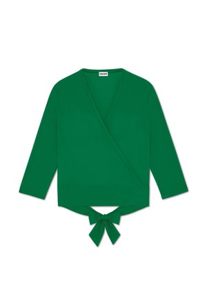 Green wrap top with long sleeves, a tied detail at the waist, and a smooth texture. Features a V-neckline and a subtle sheen.