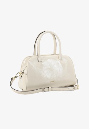 Cream-colored leather handbag with dual handles, detachable strap, gold-tone hardware, and small brand logo on front.