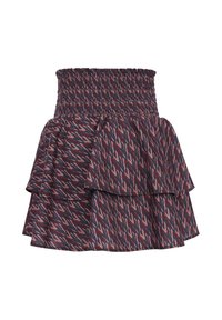 Straploze gelaagde rok van lichtgewicht stof in een marineblauw, rood en beige patroon. Heeft een smock-bodice en drie decoratieve ruffles.
