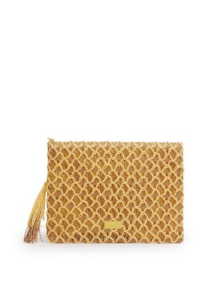 Pochette rettangolare tessuta con sovrapposizione intrecciata gialla e cerniera con nappina, con una piccola etichetta del marchio al centro.