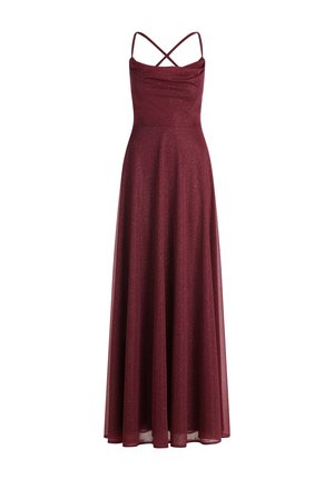 Bordeauxrotes Maxikleid mit Spaghettiträgern, Wasserfallausschnitt und glitzerndem Stoff; A-Linien-Silhouette fließt mit weicher Textur bis zum Boden.