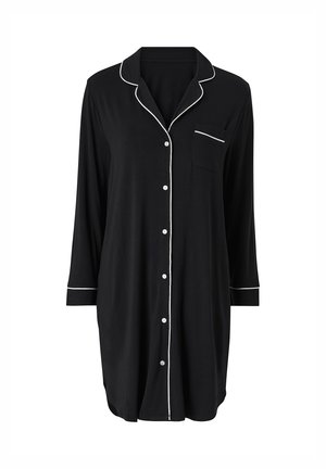 Black long-sleeve nightdress made from soft fabric, featuring a button-up front, white piping along the collar and pocket, and a classic cut.