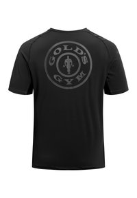 Black short-sleeve athletic shirt showing Gold's Gym logo with a muscular figure in a circle on the upper back.