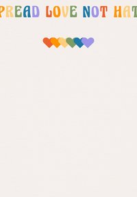 Un fond blanc présente un texte en gras et multicolore qui dit "Répandre l'amour, pas la haine" au-dessus d'une ligne de cœurs dégradés dans des couleurs chaudes et froides.