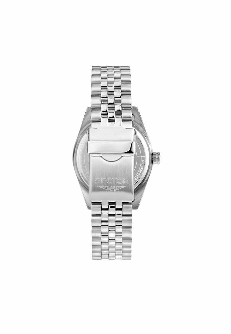 Orologio in acciaio inossidabile con cassa esagonale, bracciale a maglie e chiusura. Presenta un quadrante circolare con la scritta "SECTOR" incisa sul retro.