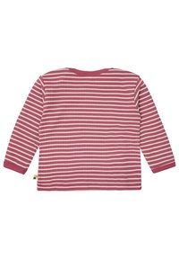 Langärmliges Shirt in staubigem Rosa mit weißen Streifen, gerippter Textur, rundem Ausschnitt und gesäumten Bündchen. Kleines Etikett an der Seite.