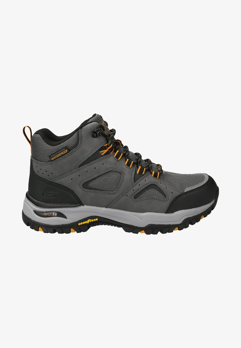 Gray hiking boot with textured mesh and leather. Features orange accents, a cushioned sole, and a GoodYear rubber outsole for traction.