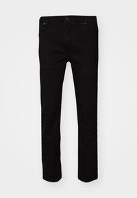 Black slim-fit pants with button and zipper closure, front and back pockets, displayed against a white background.