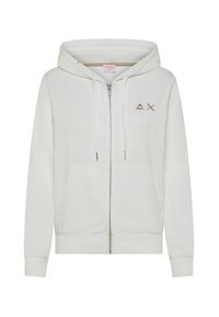 Felpa bianca con zip realizzata in tessuto morbido. Caratterizzata da un cappuccio, tasche a marsupio e un piccolo logo ricamato sul petto.