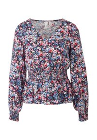 Bluse mit floralem Druck und langen, puffigen Ärmeln. Verfügt über eine geraffte, elastische Taille und einen V-Ausschnitt. Farben: marineblau, pink und blau.