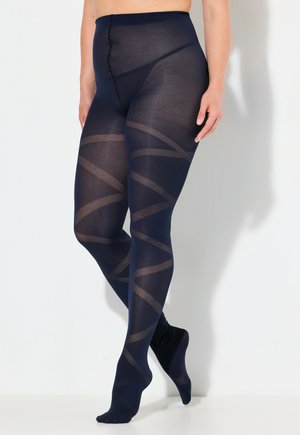 Collant blu navy con un design trasparente caratterizzato da motivi opachi e strisce che si intersecano. Alta vita con punta rinforzata e texture liscia.