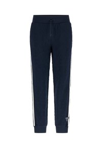 Marineblaue Jogginghosen mit eingeprägtem, sich wiederholendem Logo-Muster, weißen Seitenstreifen, Kordelzugbund, gerippten Knöcheln und kleinem, dreieckigem Markenaufnäher nahe dem Saum.