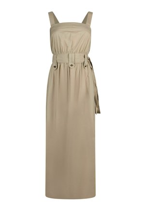 Robe maxi beige sans manches avec encolure carrée, taille froncée, ceinture large avec pattes boutonnées et détail noué sur le côté.