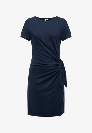 Kleider aus weichem Stoff in Marineblau mit kurzen Ärmeln, die über ein Twist-Detail an der Taille und einen Knoten-Akzent an der Seite verfügen.