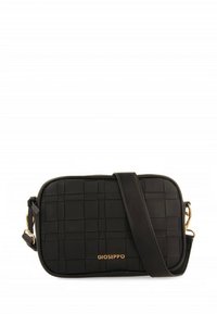 Schwarze rechteckige Schultertasche aus strukturiertem Material mit gewebtem Muster und goldenem Logo-Akzent. Verfügt über einen verstellbaren Riemen.