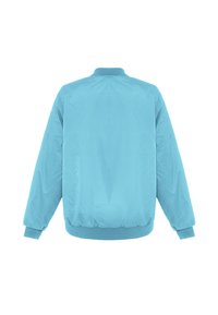 Lichtblauwe bomberjack met een gladde textuur, ribgebreide manchetten en zoom, een klassieke ronde hals en een eenvoudig, onopgesmukt ontwerp.