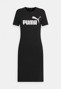 Czarna sukienka T-shirt z bawełny z okrągłym dekoltem, krótkimi rękawami i białym logo PUMA z przodu. Gładka tekstura, dopasowany kształt.